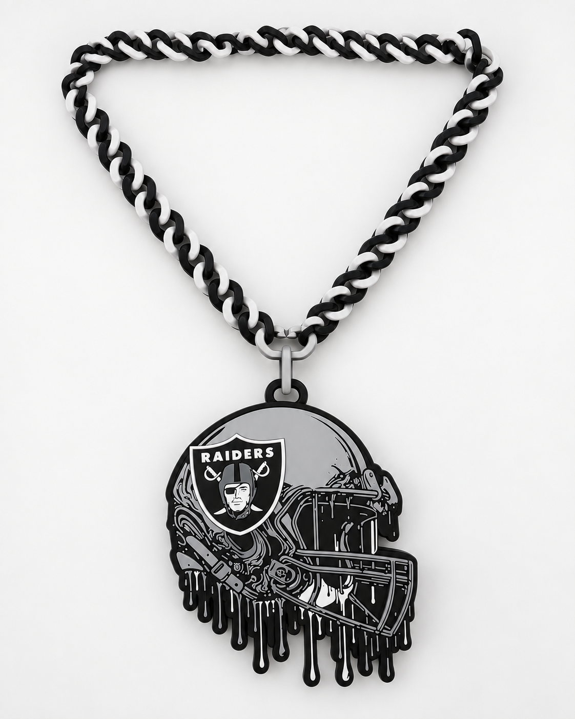 Raiders drip helmet pendant and black white chain